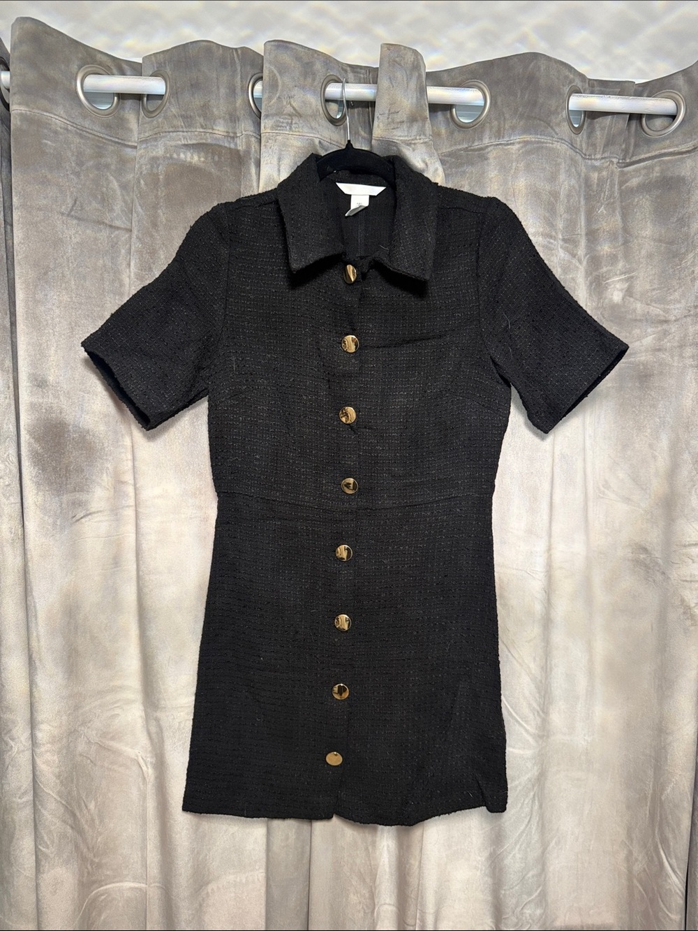 H&M Black Button-Front Bouclé Short Sleeve Dress